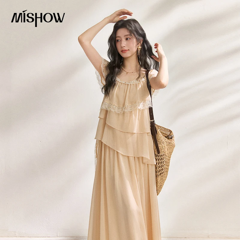 

MISHOW Square Neck Tiered Lace Top And Mesh Skirt Two-Piece Set For Women 2026 Summer New Romantic Beach Vacation Set MXF24T1597