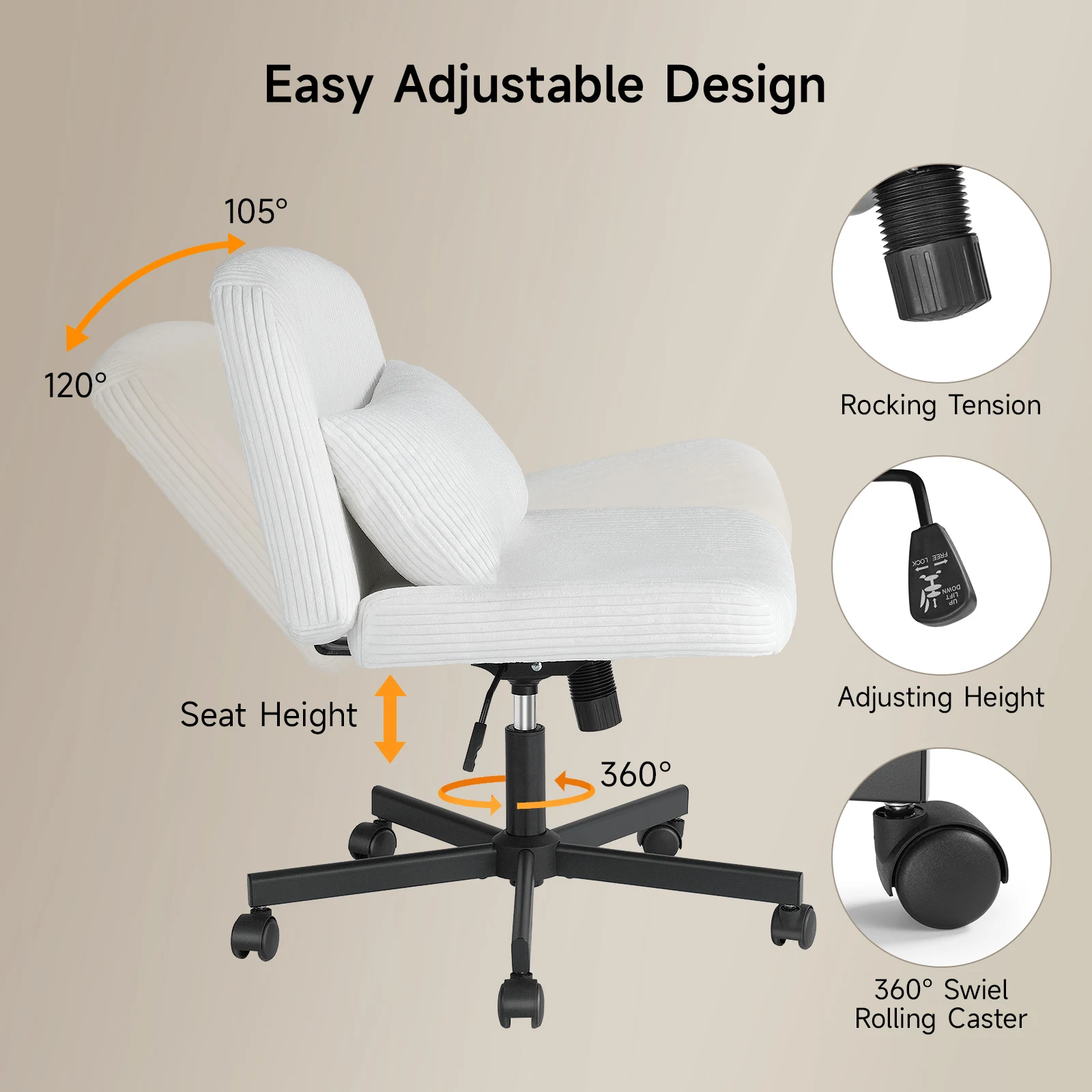 Massage Cross Leg Office Chair w/ Double Layer Sponge Cushion,Corduroy/Pearl Velvet Wide Armrest Desk Chair Mid Back Adjustable image 4
