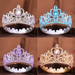 Full Round Crystal Rhinestone Wedding Tiaras Bridal Hair Accessories Kids Crown for Cake Topper Festival Party Prom Gift