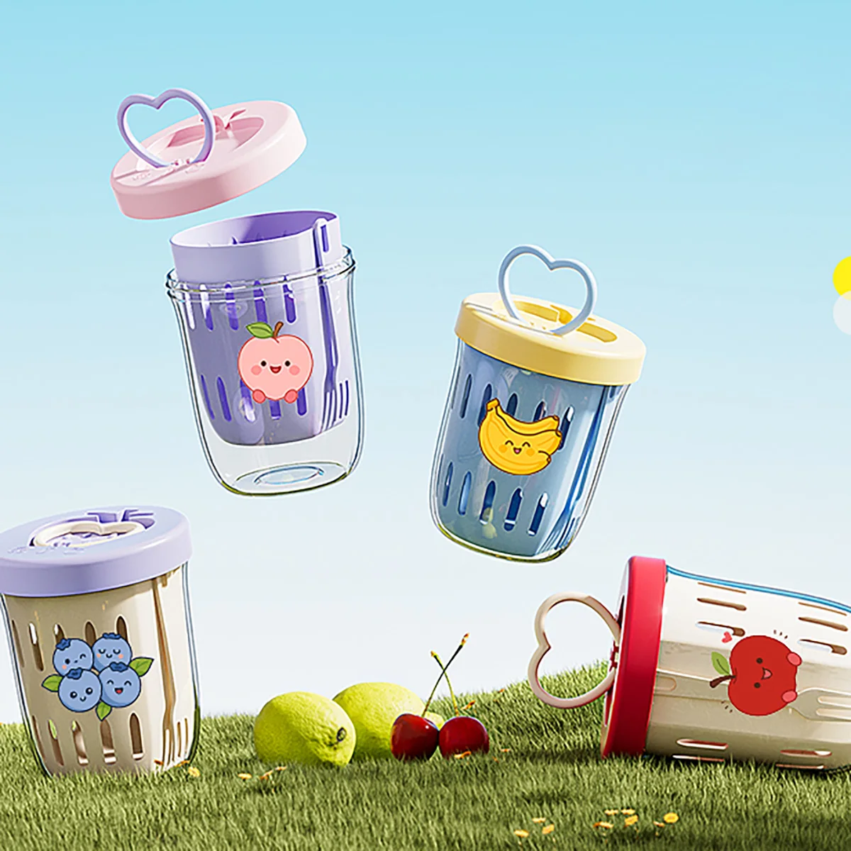 كوب سلطة فواكه محمول بطبقة مزدوجة مع شوكة ملصق لطيف مانع للتسرب كوب الإفطار حاوية شوفان الزبادي للأطفال الطلاب