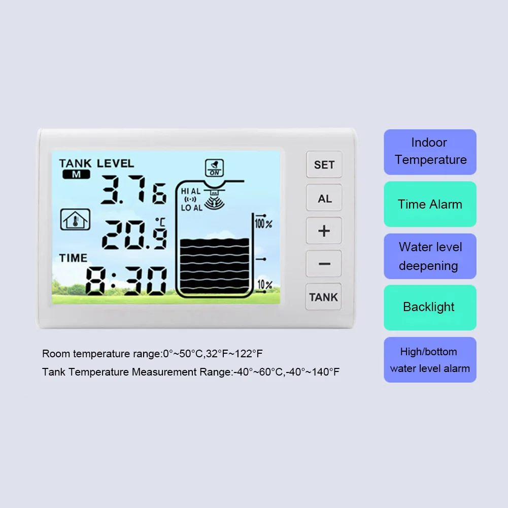 무선 초음파 수위 표시기, 온도 센서 포함, 시간 표시, 초음파 탱크 액체 깊이 레벨 계량기