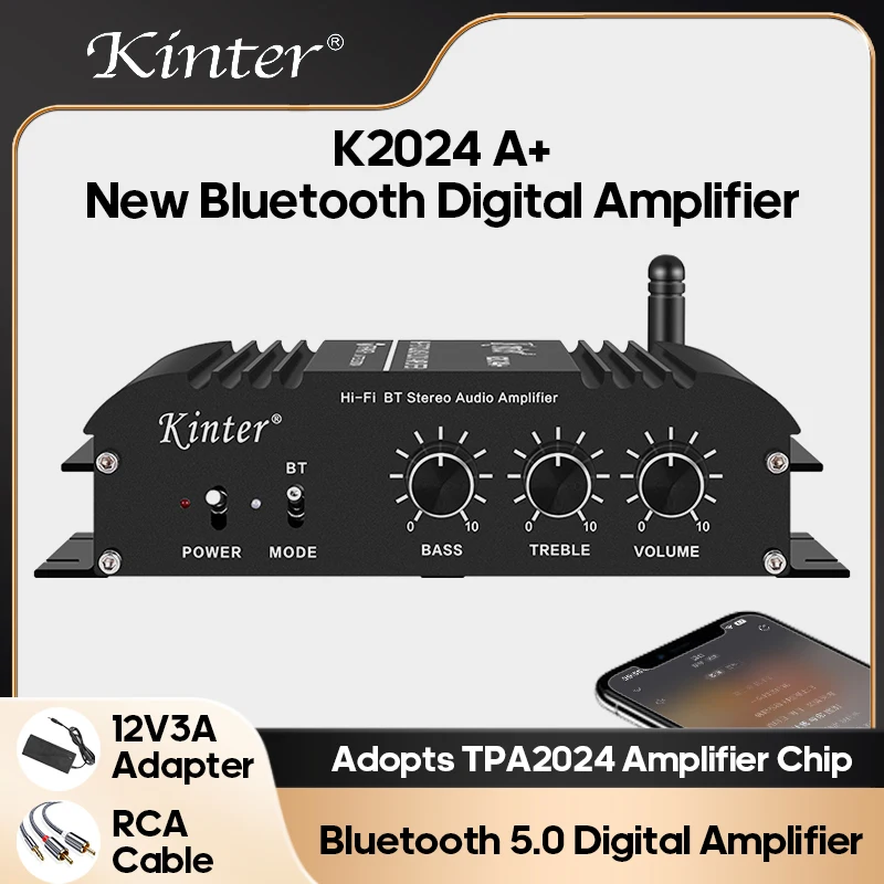 

KINTER Digital Amplifier 2-channel Bluetooth 5.0 Audio Amplifier Treble Bass Adjustment TPA2024 Chipwith 12V Adapter RCA Cable