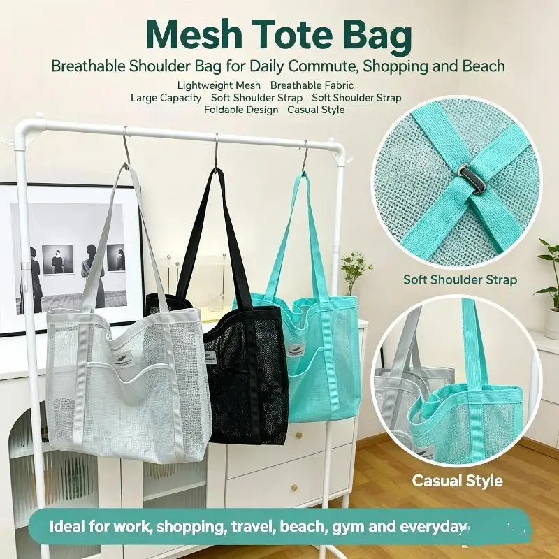 Transparente Mesh-Umhängetasche für Damen, Modische Tragbare Handtasche zum Einkaufen, Reisen, für den Strand, Netz-Tasche – Detail 1