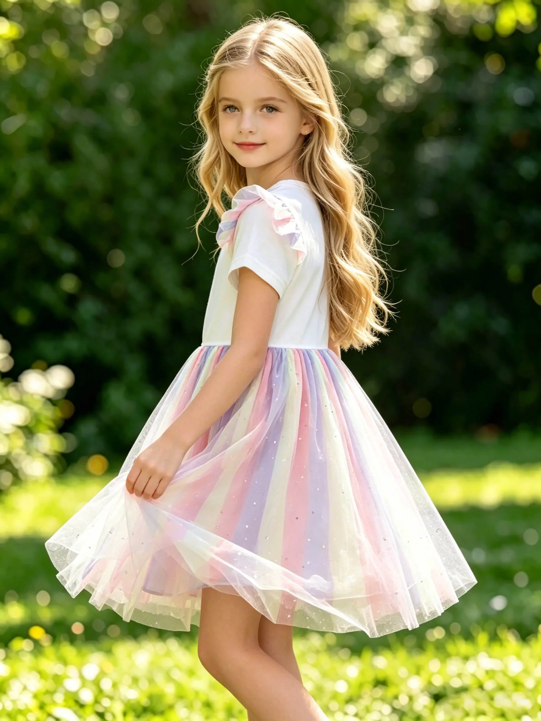 Kleines Mädchenkleid mit Regenbogen-Wolken-Einhorn-Motiv und Flatterärmeln, Sommerliches Paillettenkleid mit Farbverlauf und Tüllrock im Prinzessinnen-Stil – Detail 3