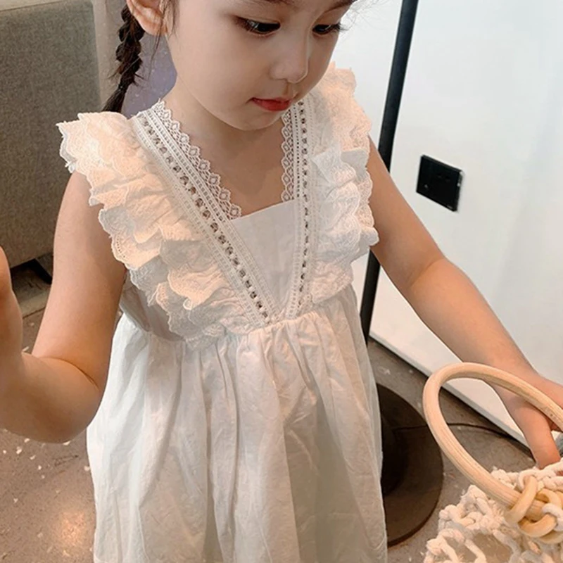 Summer Girls Casual Dress Fashion Cotton Sleeveless Round Neck Tutu Skirt Solid Lace Sling Dresses for Girl Kids Clothes 4M-6Y