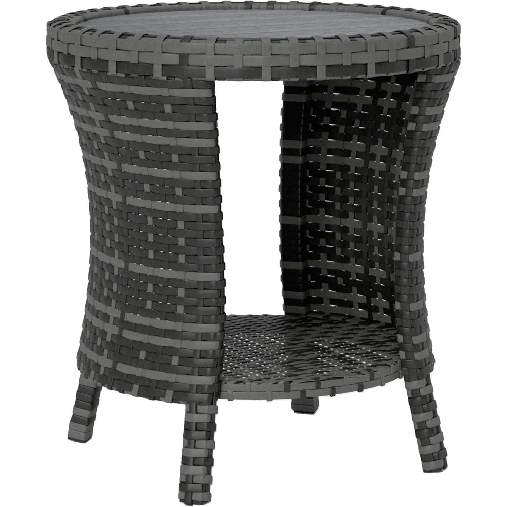 18 Outdoor Wicker Coffee Table, 2-Tier Patio Side Table with Storage, PE Rattan Outdoor Coffee Table with Composite Woo