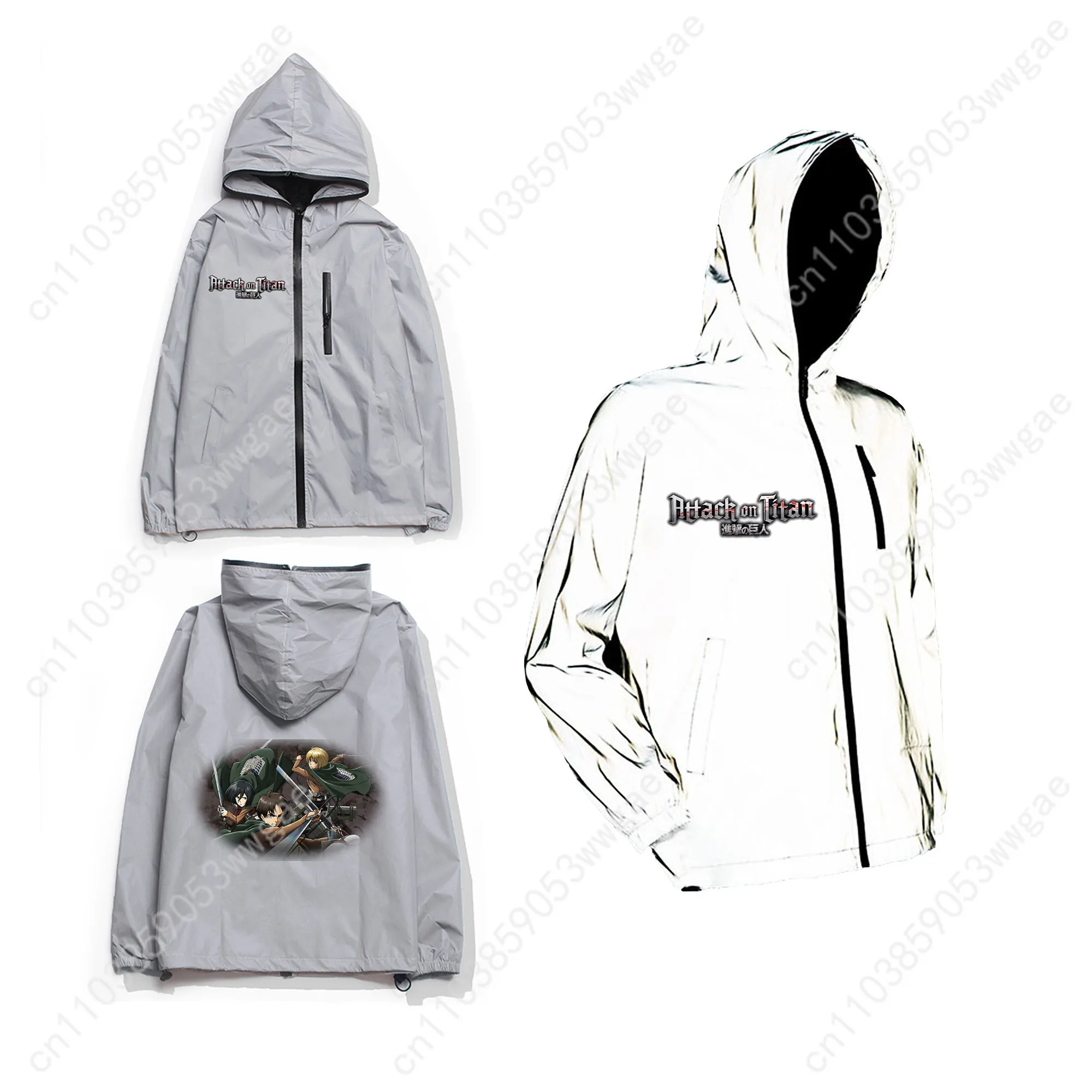 Attack On Titan Reflective Jacket Mens Womens Coat Hooded Windbreaker Run Pocket Jackets Cycling Hiking Zipper Customized Hoodie