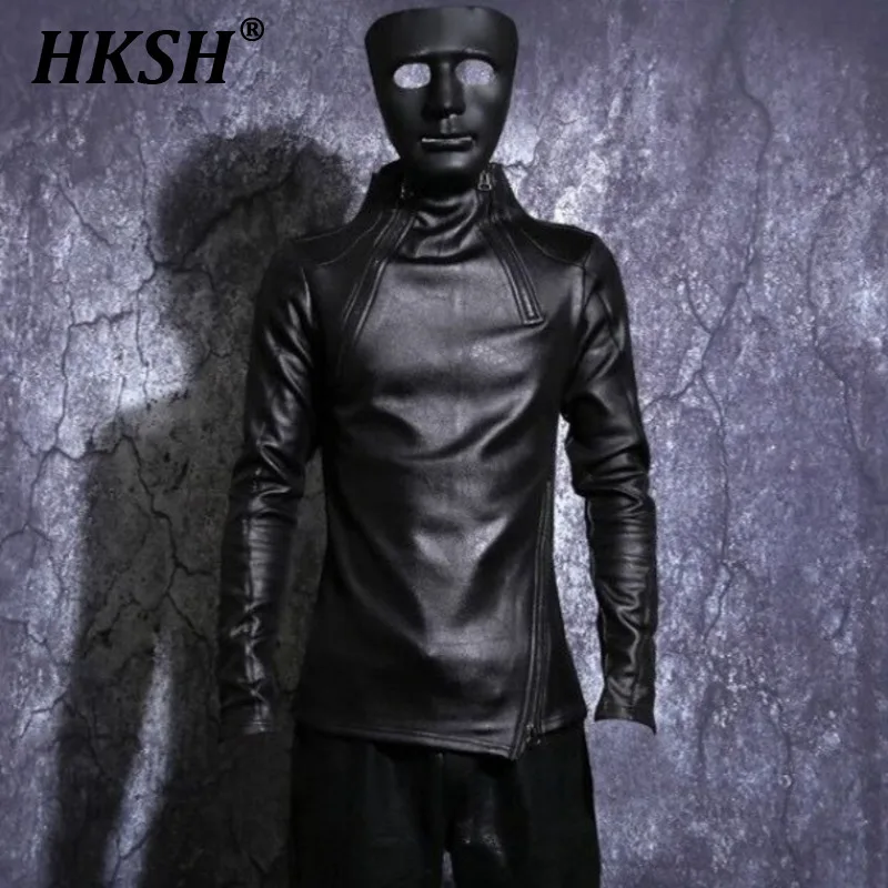 

HKSH Autumn Winter New Men Stand Collar Fleece Lining Jacket Pullover Gothic Slim Punk Coat Motorcycle Pu Leather Hoodies HK0969