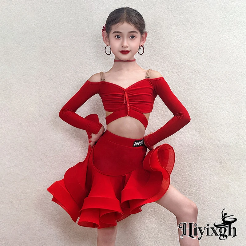 2026 Latin Dance Costume For Girl Red Long Sleeve Top Flounce Skirt Set Children Performance Stage Clothes Latin Outfit