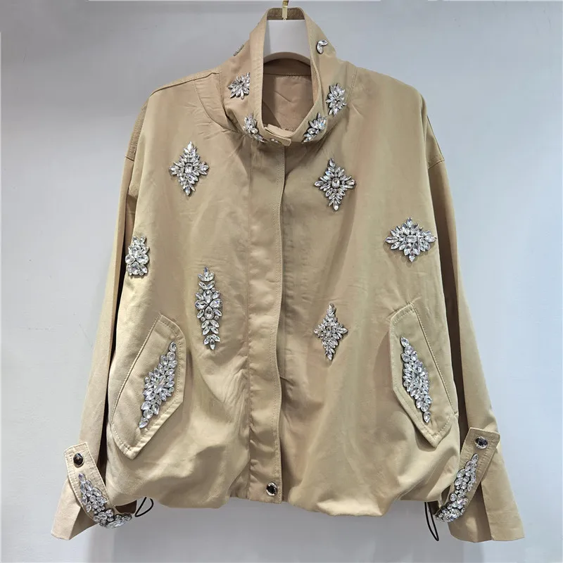 

SuperAen European and American Style Women 2026 Spring New Design Patchwork Diamonds Loose Pocket Long-sleeved Coats