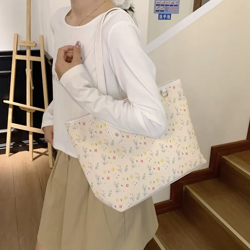 Women Floral Bow Print Tote Bag Large Capacity PU Leather Shoulder Handbag Sweet Vintage Pattern Ladies Daily Shopping Purse