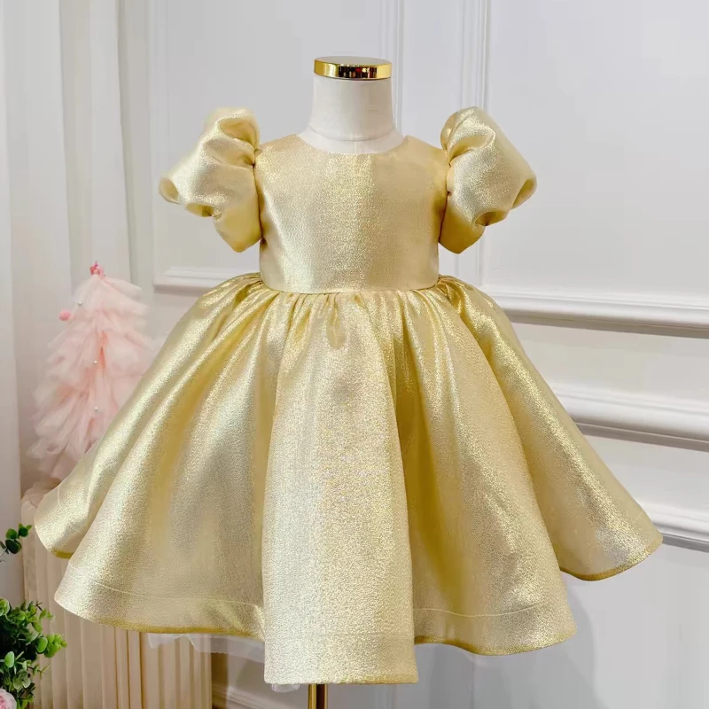 

Girls Gold Simple Party Dress Short Sleeve Bow Children Birthday Gown for Piano Performance Pageant Formal Celebration Dresses
