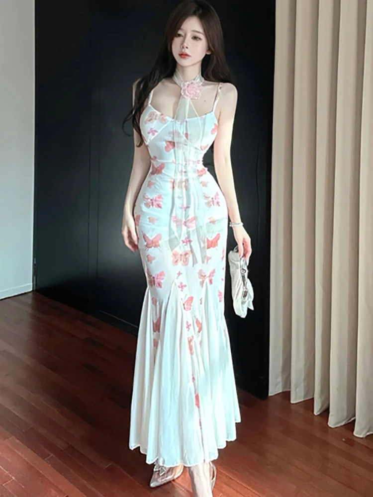 

2025 Wihte Mesh Print Floral Chic Sling Sexy Long Dress Summer Elegant Ruffled Casual Beach Dress Women Korean Bodycon Vestidos
