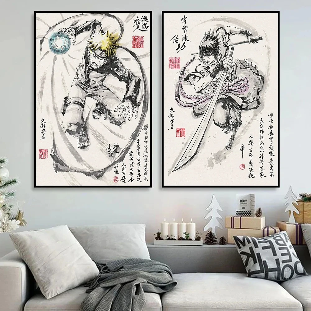 Naruto Peripherals Naruto Sasuke Kakashi Canvas Painting Retro Anime Posters Wall Art Living Room Decor Gifts For Birthday Boy