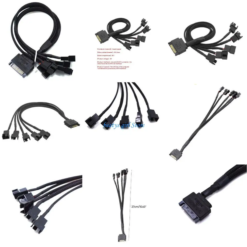 

C7AB Tangles Nylon Cable to 4Pin Y-splitter Adapter Cable Cord 5-Port Out 12V PC Case Cooler Fan Extension Cord