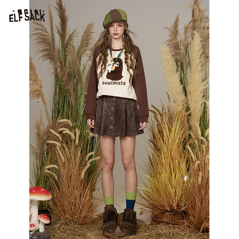 ELFSACK 2025 Winter New Arrivals Casual Sweet Suede Versatile Pleated Mini Skirt For Woman