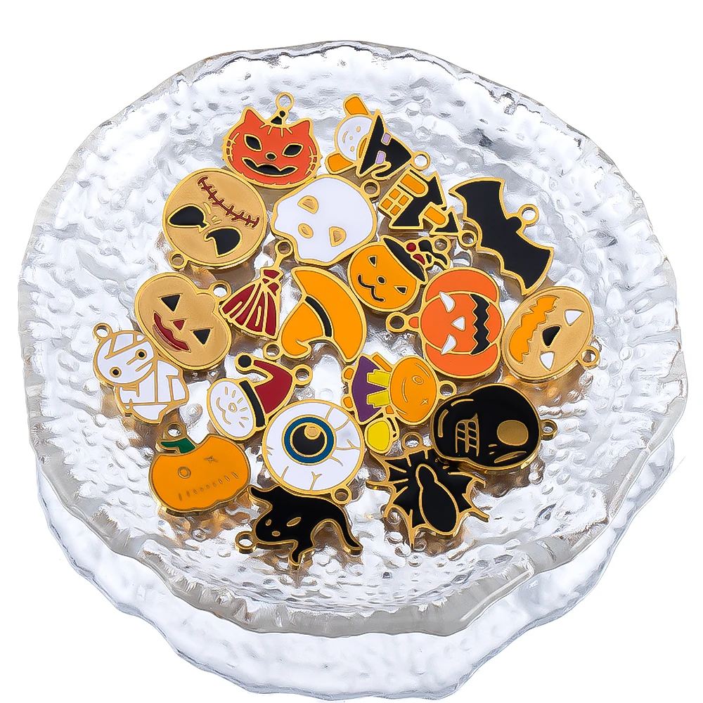 ハロウィン3個ステンレス製ゴシックパンプキンゴーストバットエナメルチャームペンダントDIYジュエリー製作ハンドメイド用品クラフト用