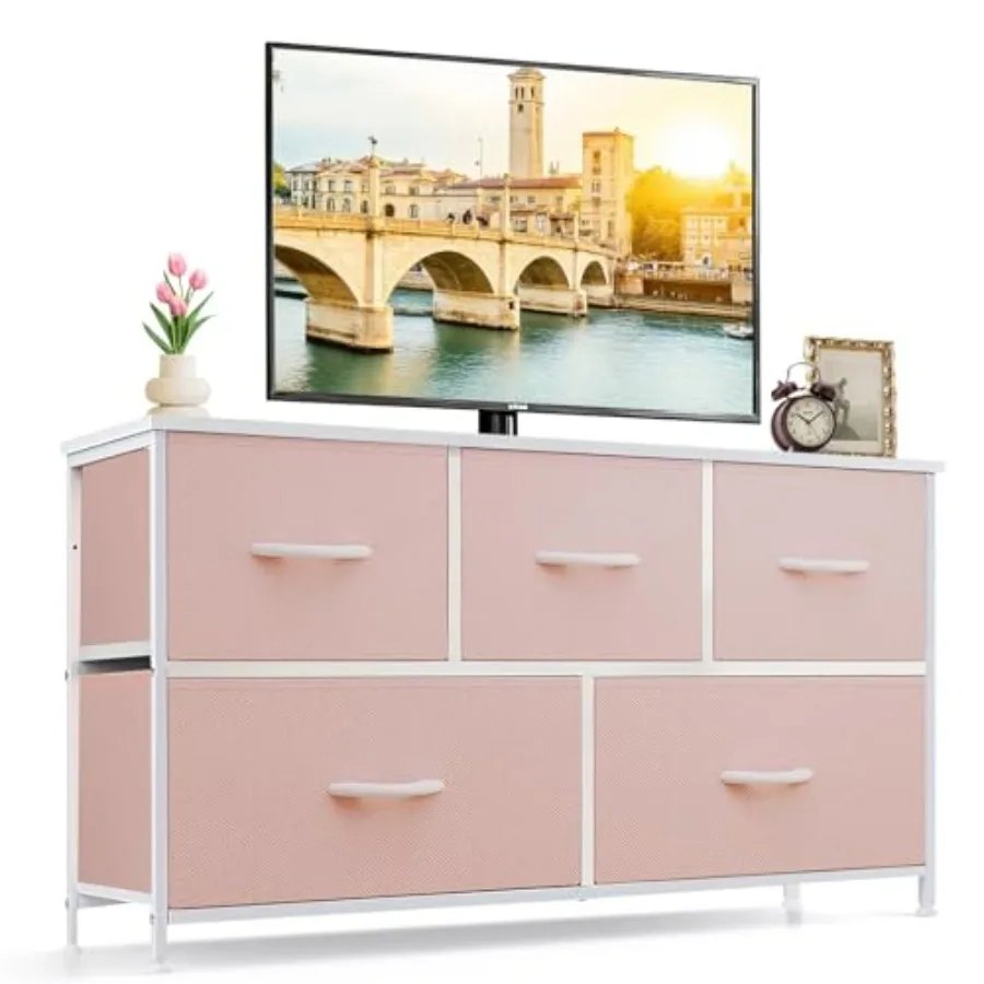 

5-Drawer Dresser for Bedroom Anti-Tip Wide Storage Organizer Fabric Chest of Drawers TV Stand for 45" TV with Wooden Top and Me