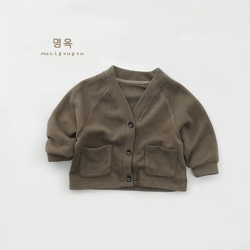 2024 Spring New Children Long Sleeve Lapel Casual Coat Boys Girls Retro Cardigan Solid Kids Pocket Jacket Fashion Baby Clothes