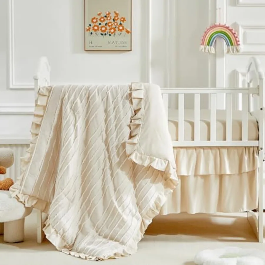 

3 Pieces Tufted Stripes Crib Bedding Set with Ruffle Fringe Ruffled Comforter with Fitted Sheet and Bed Skirt Soft and Embroide