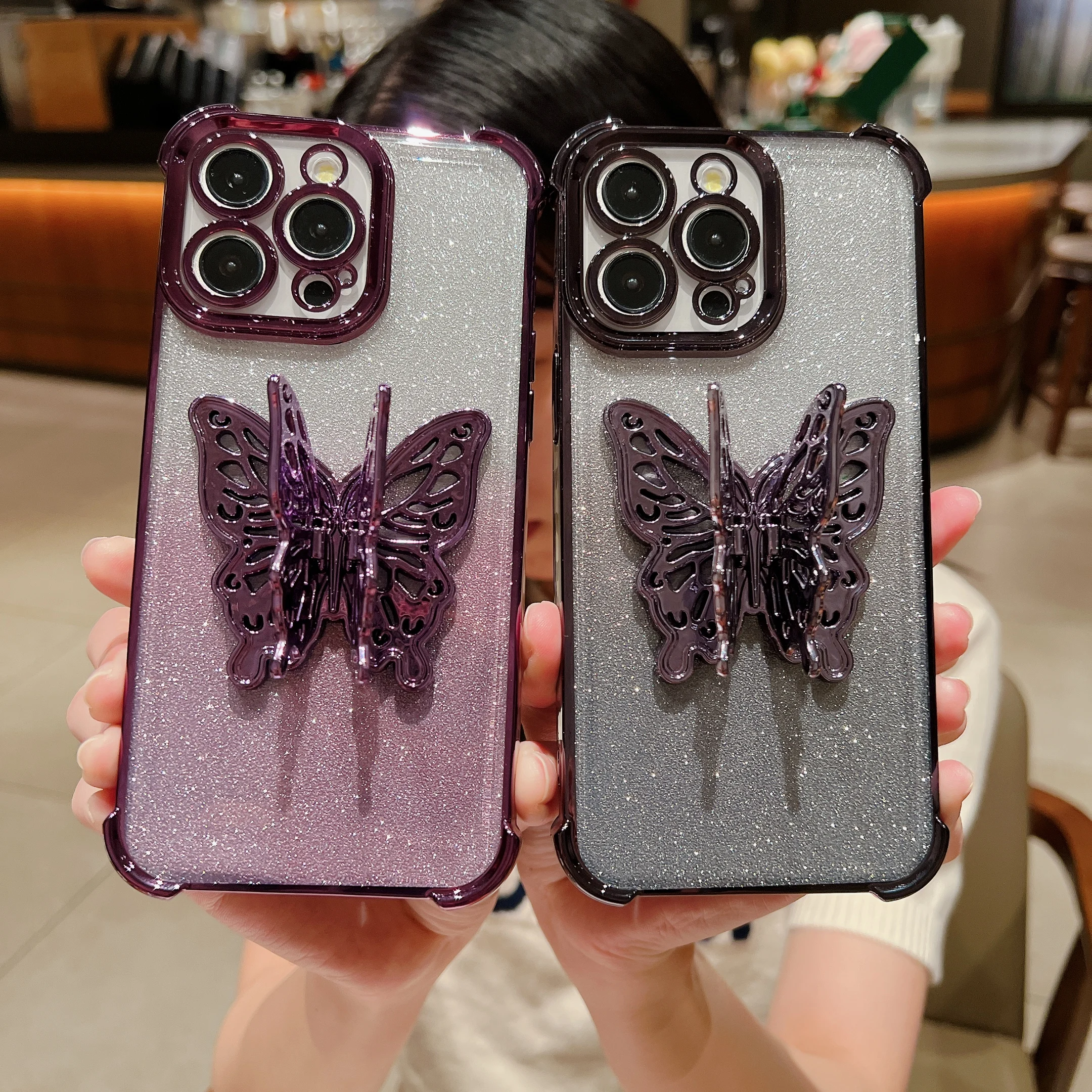 Fundas de teléfono chapadas con soporte de mariposa para IPhone, 15, 14 Pro Max, 13, 12, 11, purpurina degradada, protección a prueba de golpes, cubierta trasera