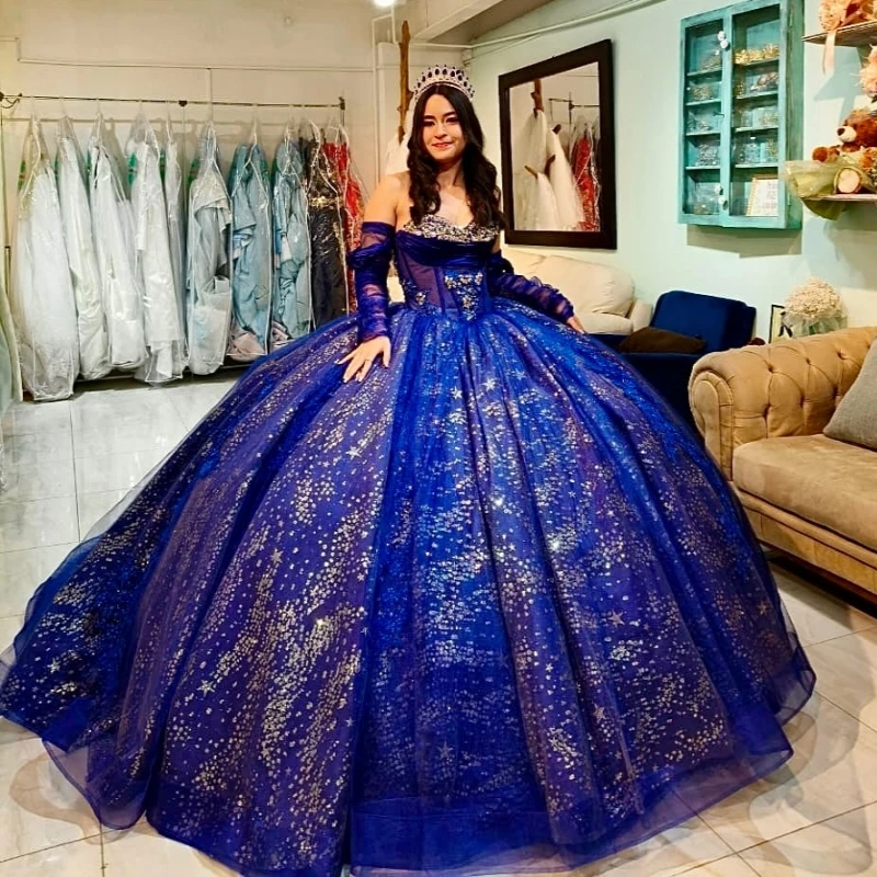 

Navy Blue Shiny Quinceanera Dresses Ball Gown Off The Shoulder Applique Lace Beading Crystal Corset Tull Party Birthday Sweet 16