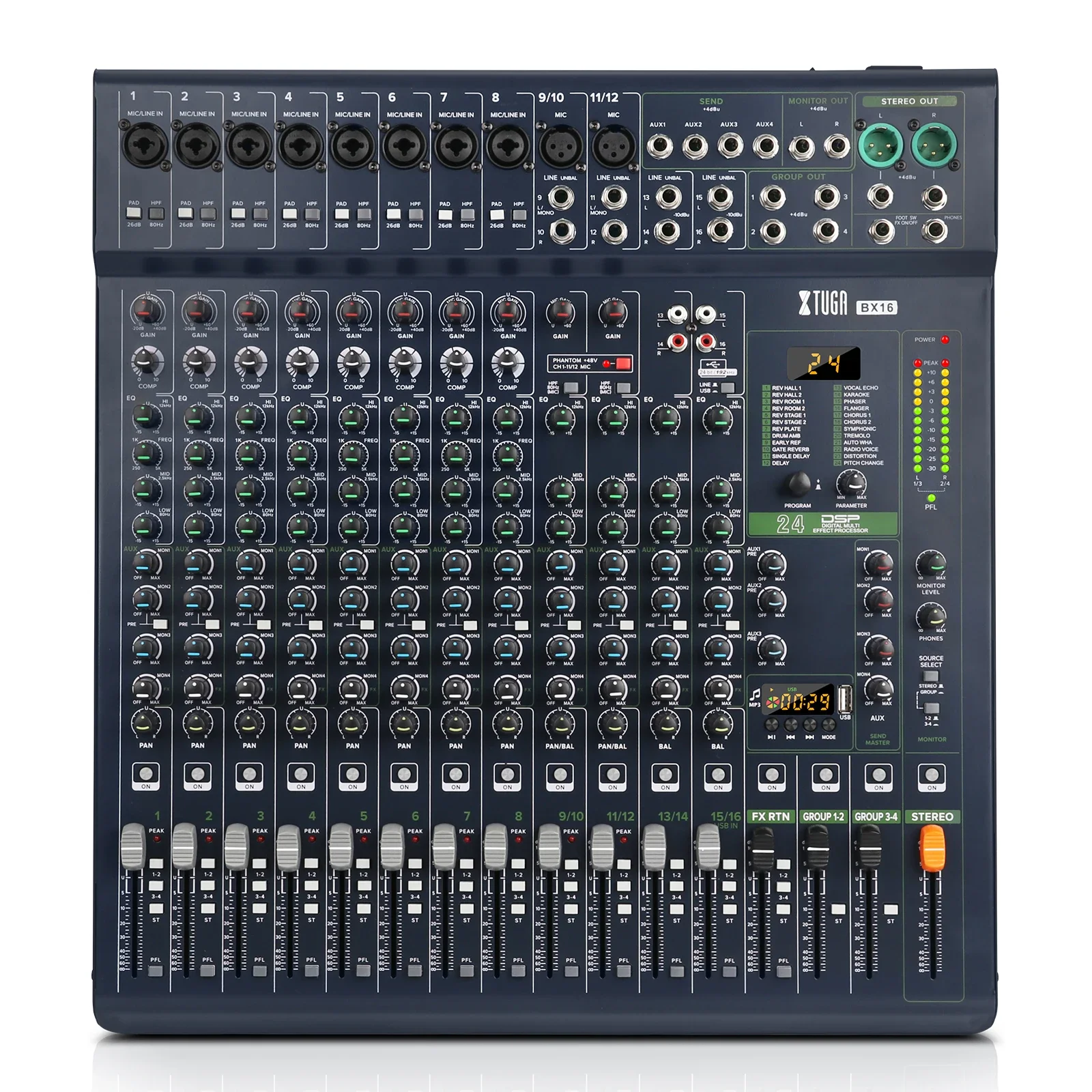 XTUGA BX16 16 Channel Professional Stereo Audio Mixer with Effects for Stage 24 DSP Group set with Mute Bluetooth USB