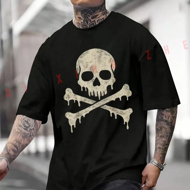 A Pirate Skull and Crossbones Graphic Motorcycle T-Shirt Cotton Cute Men Clothes Plain Summer Casual Short Sleeve Round Neck Tee