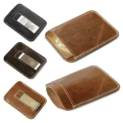 Fashion Thin Genuine Leather Money Clip Mini Wallet Men Credit Card Slot Slim Bills Metal Cash Clamp for Man Billfold Holder
