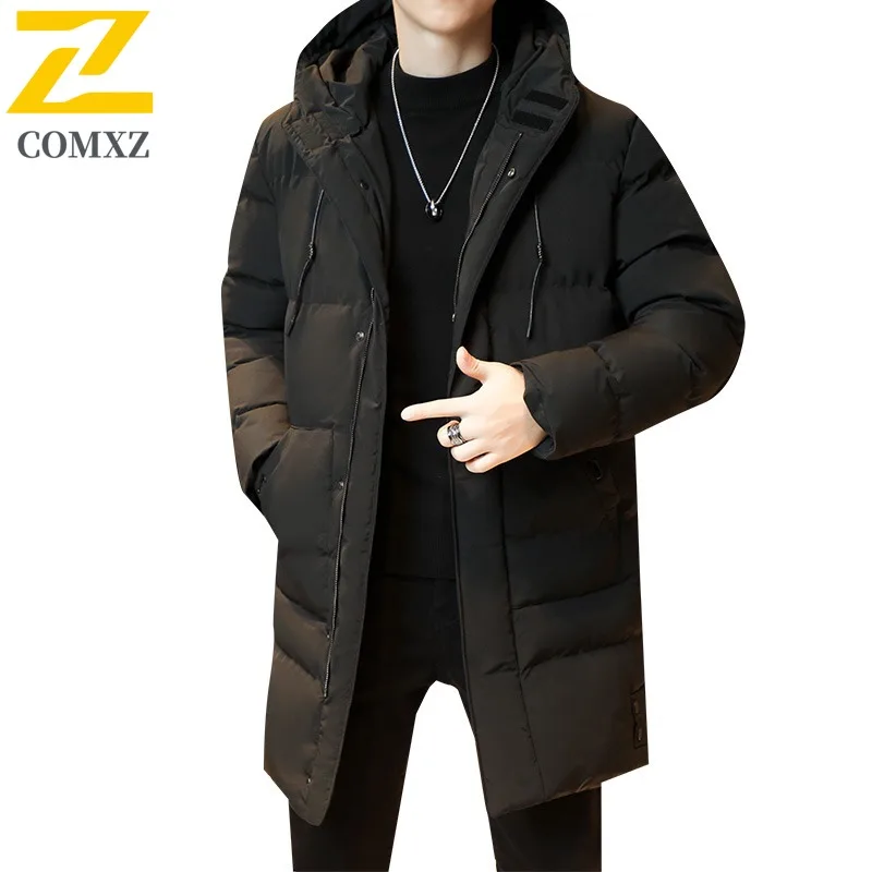 COMXZ Men's New Winter Mid-Length Cotton Jacket Korean-style Loose Fit Plus Size Hooded outdoor sports Warm tactics 2025 Coat