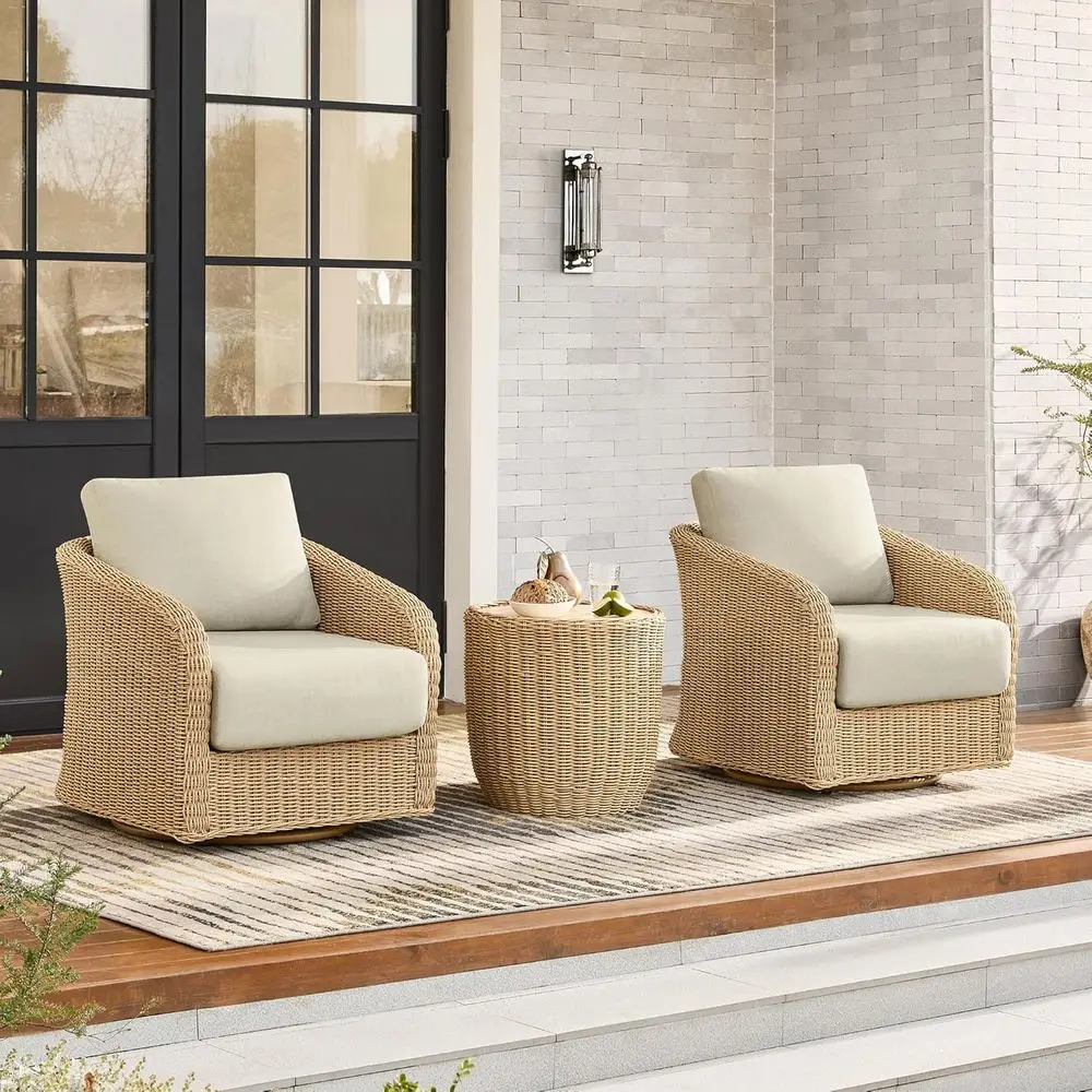 

3-Piece Wicker Patio Bistro Set with Cushioned Swivel Chairs and Side Table for Outdoor Living