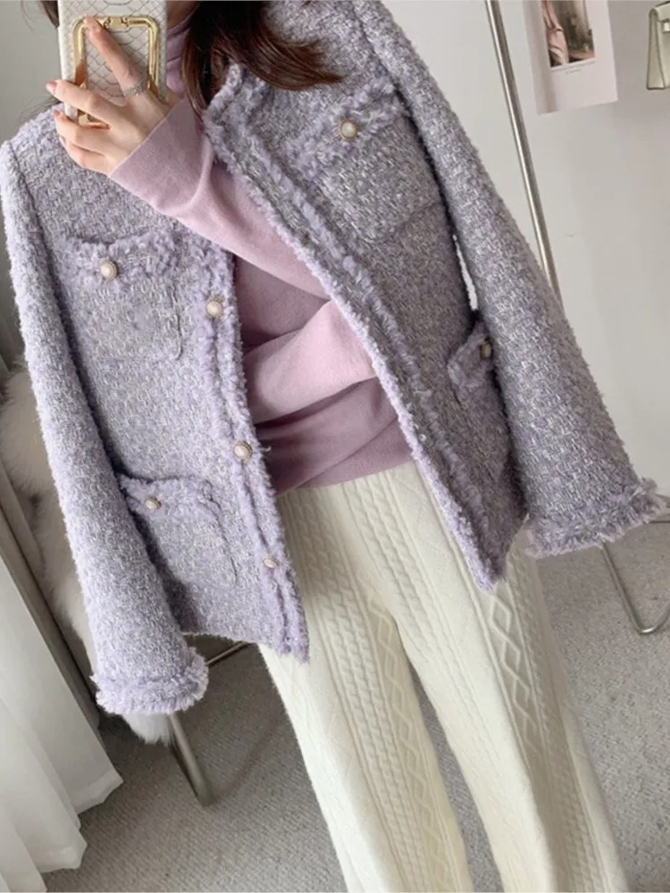 light purple women's tweed jacket  fragrance, autumn/winter jacket  top, new One piece classic jacket