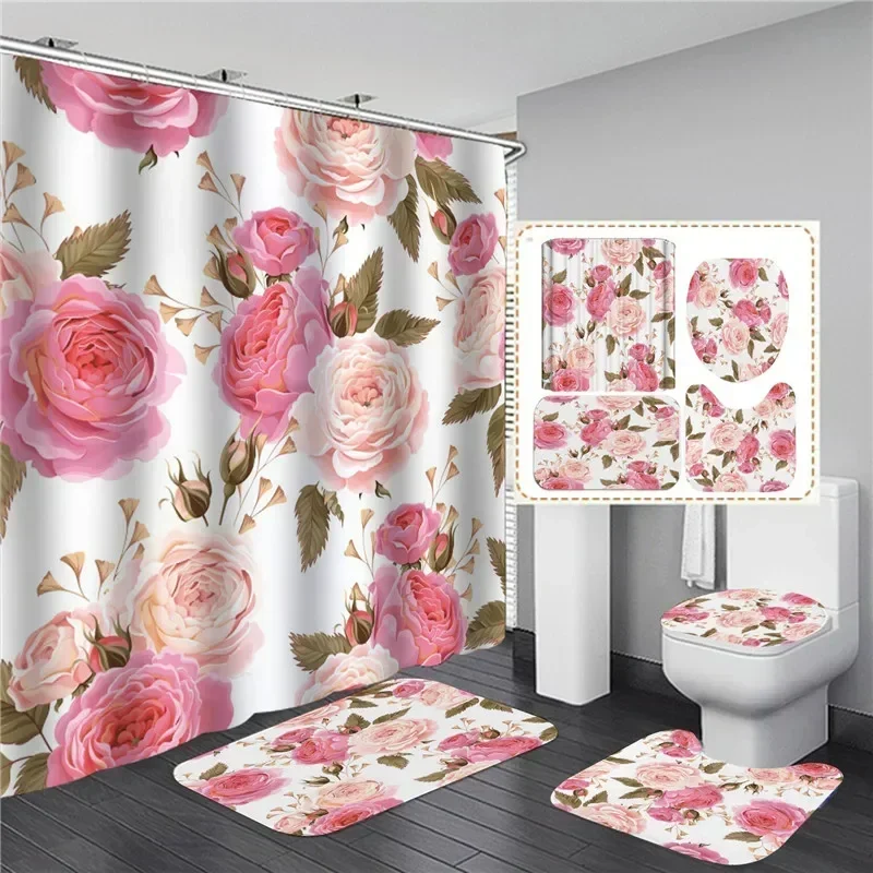 Pink Flowers Rose Elegant Printed Shower Curtain Set Waterproof Women Bathing Bathroom Pedestal Rug Lid Carpet Toilet Seat Cover