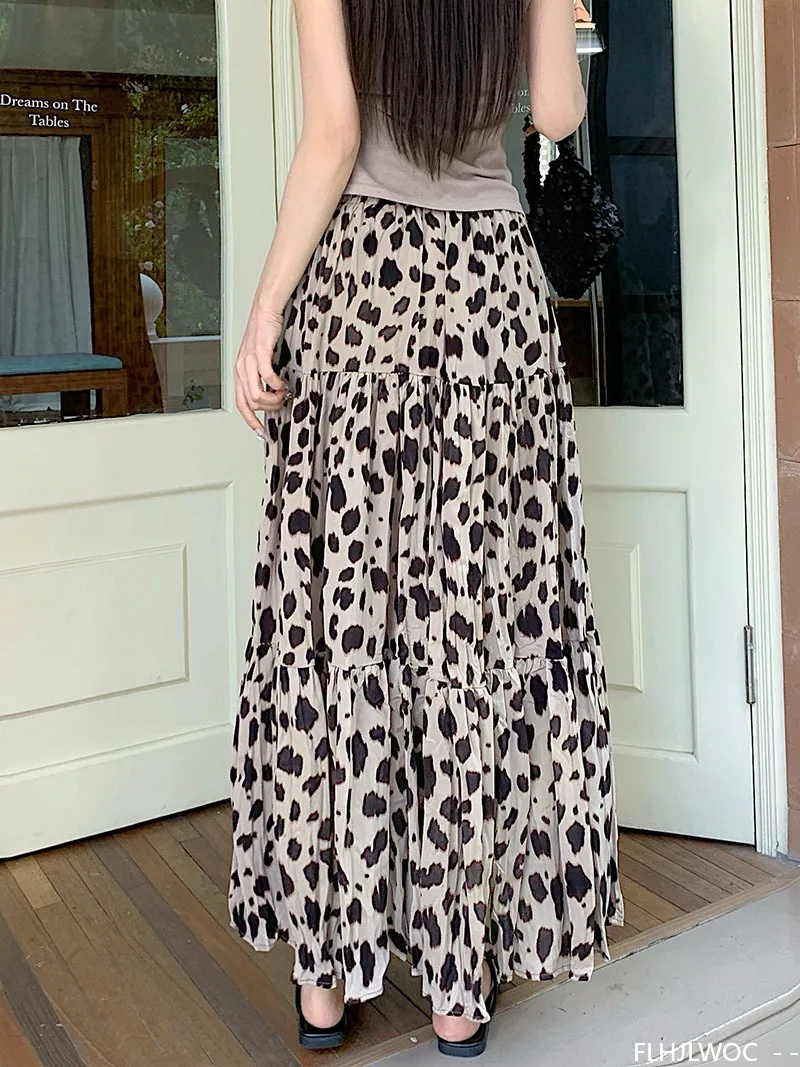 FLHJLWOC faldas Retro americanas de diseño nuevo 2025 mujer linda dulce Japón niñas Vintage falda larga de leopardo de moda