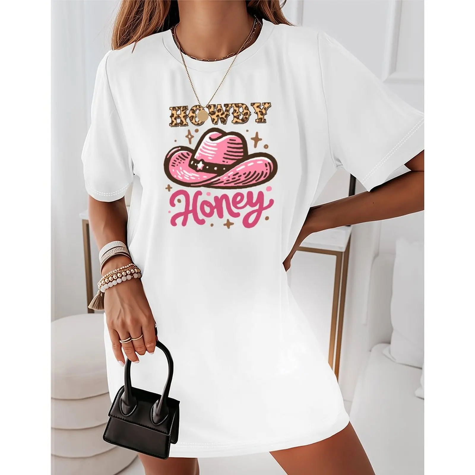 

2025 Summer Tops For Woman Short Sleeve T-Shirts Oversized Fashionable Casual West Cowgirl Style Boho Cow Skull Print Tops