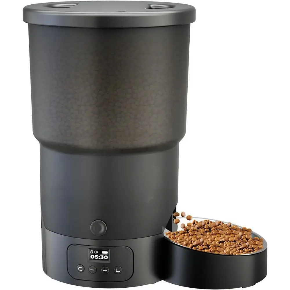 

Автоматический дозатор корма для кошек на 5 л с миской из нержавеющей стали, программируемая подача 1-6 порций, простая настройка, двойное питание, идеально подходит для кошек и маленьких собак.