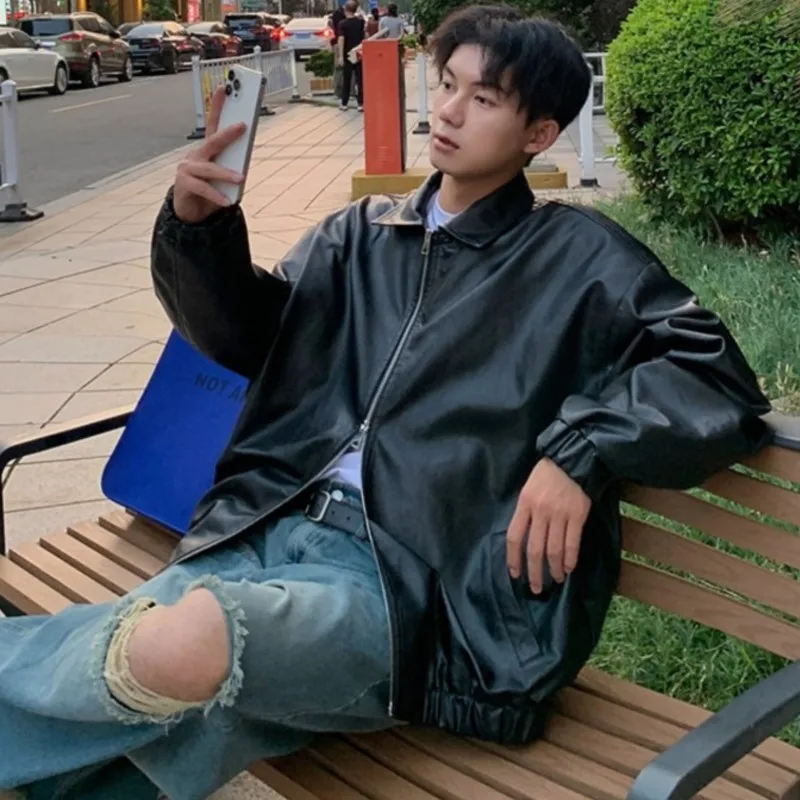 Autumn Vintage PU Leather Jacket Men Solid Collar Turn-down Collar Jackets Mens Biker Fashion Motorcycle Causal Coat 5XL-M