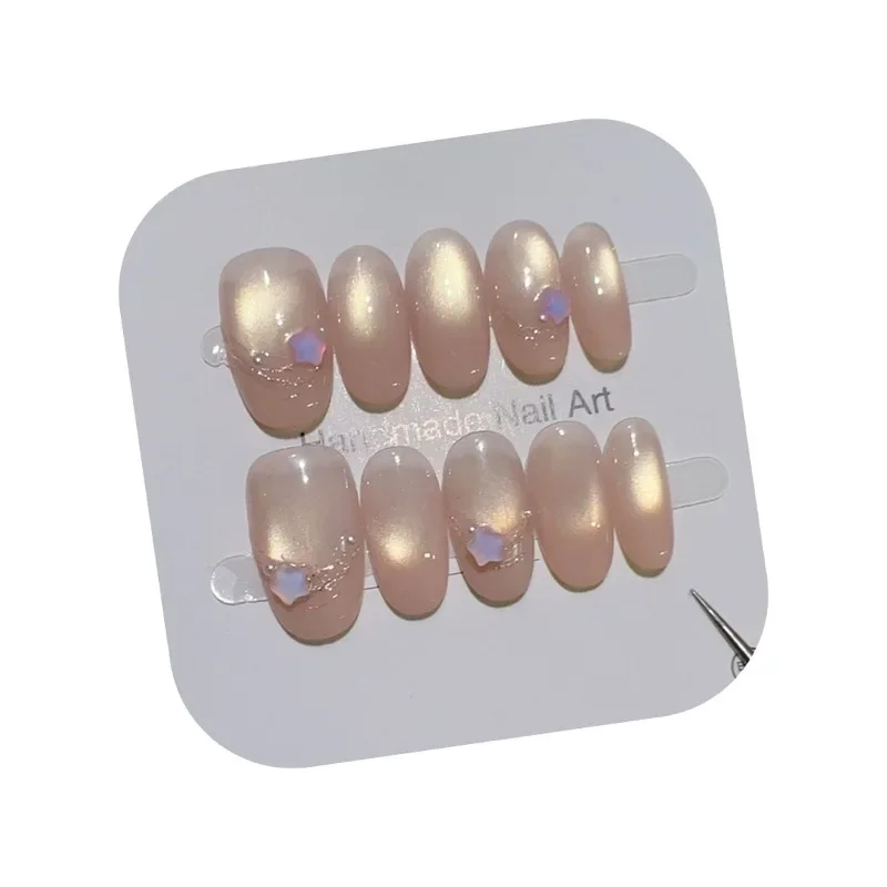 10 stuks handgemaakte pers op nagels met bedels roze parel glitter realistische nepnagels voor meisjes kunstmatige kunstnagels met lijm