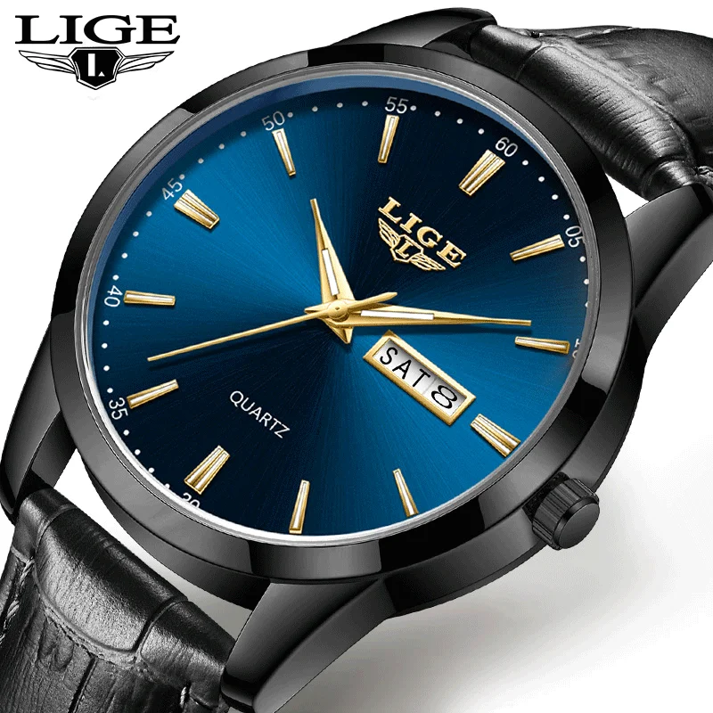 LIGE Luxury Man Watch Waterproof Luminous Date Week Leather Watch For Men Sports Men\'s Quartz Wristwatches Male Clock Reloj+Box