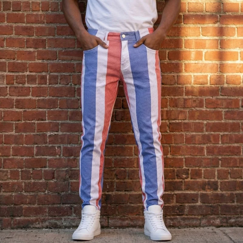 2026 Cyber Y2K Streetwear Striped Patchwork Slim Stretch Jeans Pants For Men Clothing Hip Hop Cotton Long Trousers Ropa Hombre