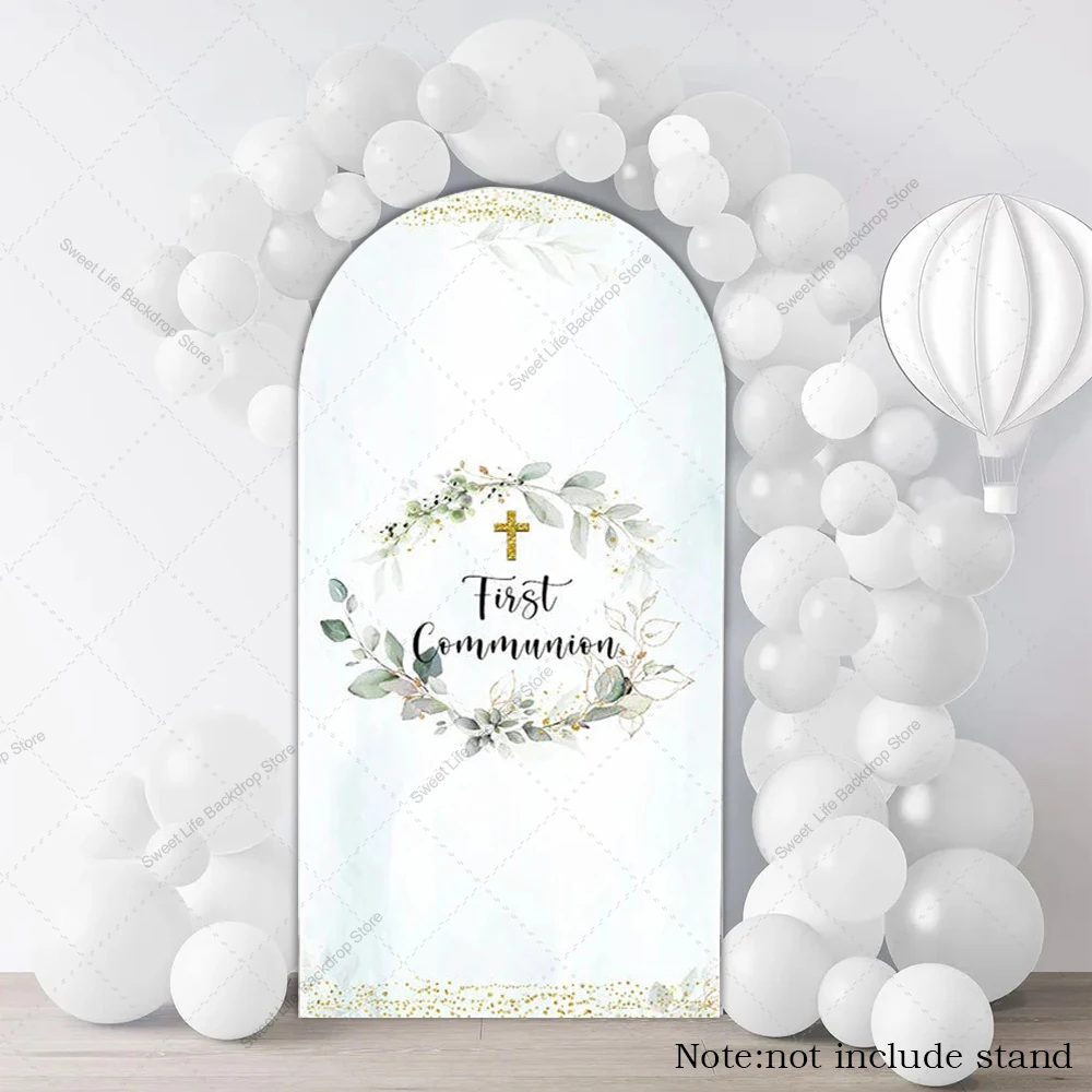 المعمودية الأولى بالتواصل قوس خلفية الأوراق الخضراء التعميد النقاط الذهبية صورة غطاء قوس ديكور