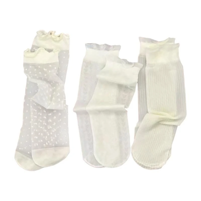 090B Kids Socks NonSlip Ankle Socks Breathable Lace Trim Socks Children Thin Socks for Spring Stretchy Ice Silk Socks 3Packs