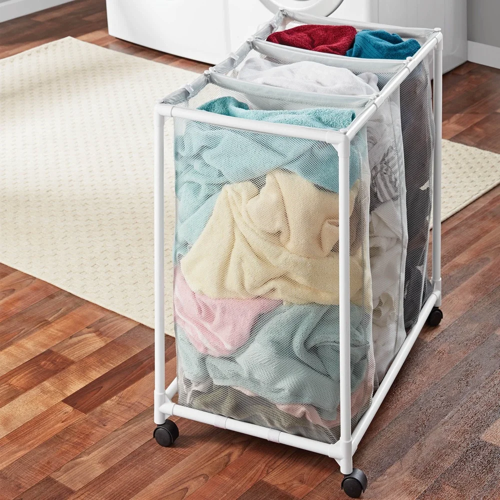 4 Pack Soft Mesh Laundry Sorter Cart Rolling Storage Bins Washable Removable Durable Frame Easy Assembly Lightweight