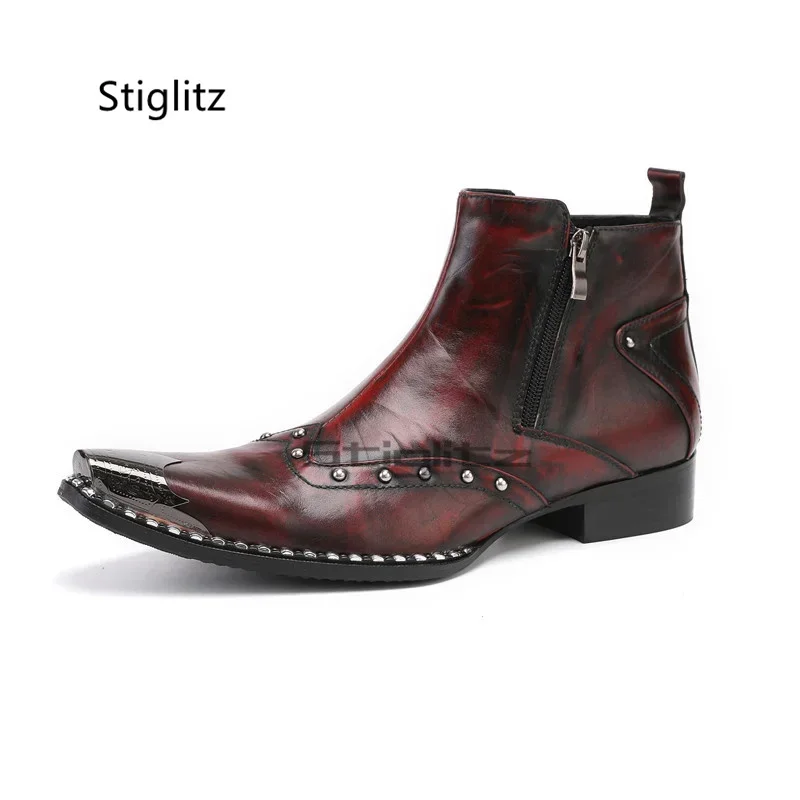 Men's Genuine Leather Western Boots Rivet Metal Toe Ankle Chelsea Boots Autumn Winter Side Zipper Fashion British Business Shoes
