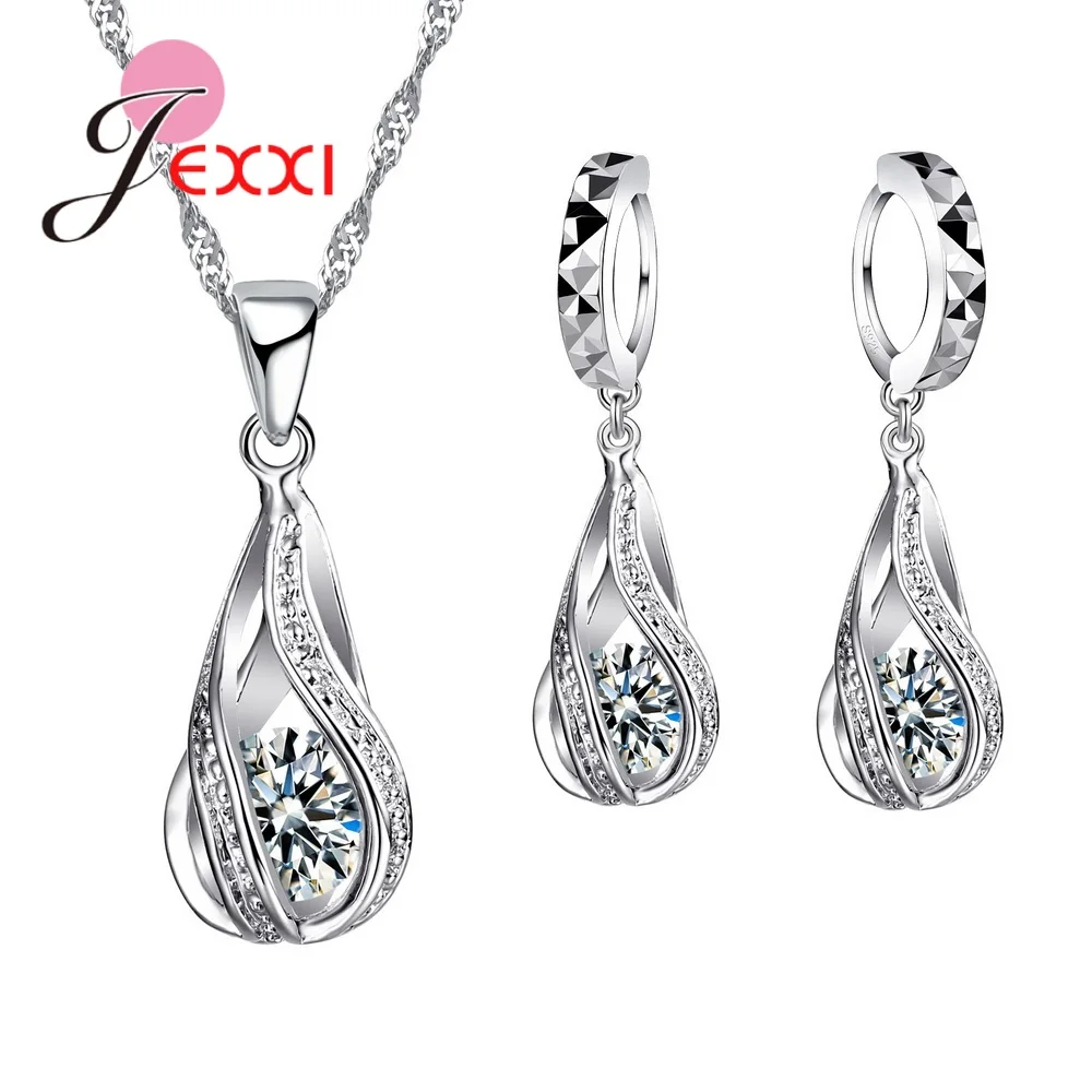 8 Colors Best Gift for Women Girls Friends 925 Sterling Silver Jewelry Set CZ Cubic Zircon Water Drop Necklace Dangle Earrings