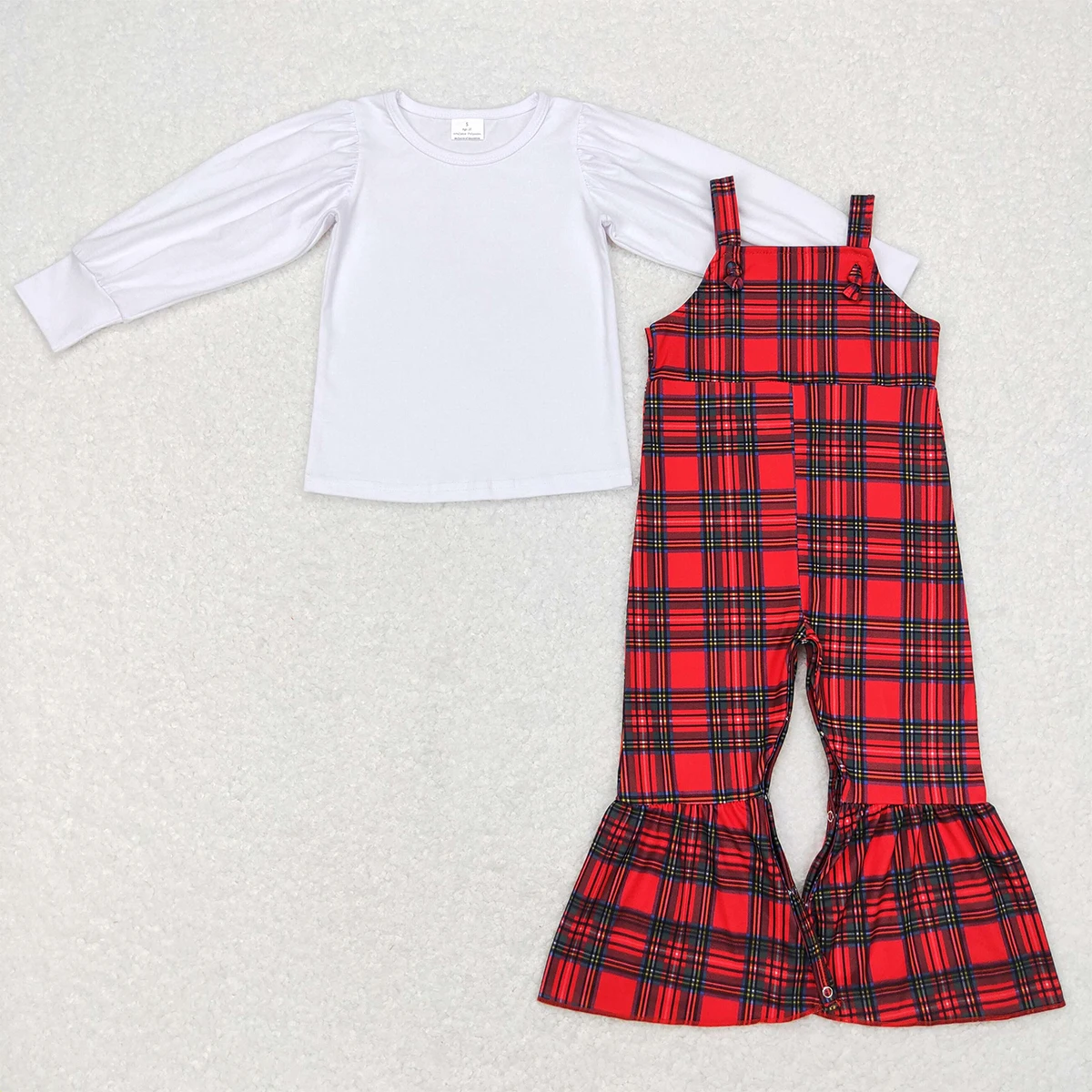 

Wholesale Hot Sale Western Boutique Outfits Baby Girls Clothes White Long-sleeved Top Red And Green Plaid Suspenders Jumpsuit