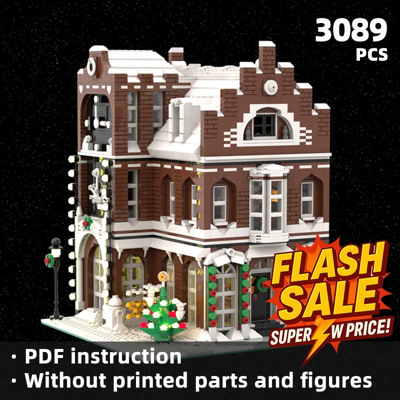 

Многоэтажное здание из красного кирпича в стиле ретро с рождественской атмосферой взимку создает теплую уютную атмосферу для зимнего фестиваля.