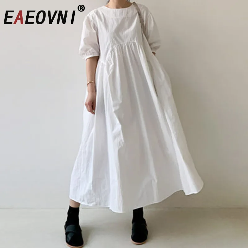 

EAEOVNI Summer Casual Solid Color Dress For Women Short Sleeve O Neck High Waist A Line Long Dresses 2025 New Clothing 1A1148