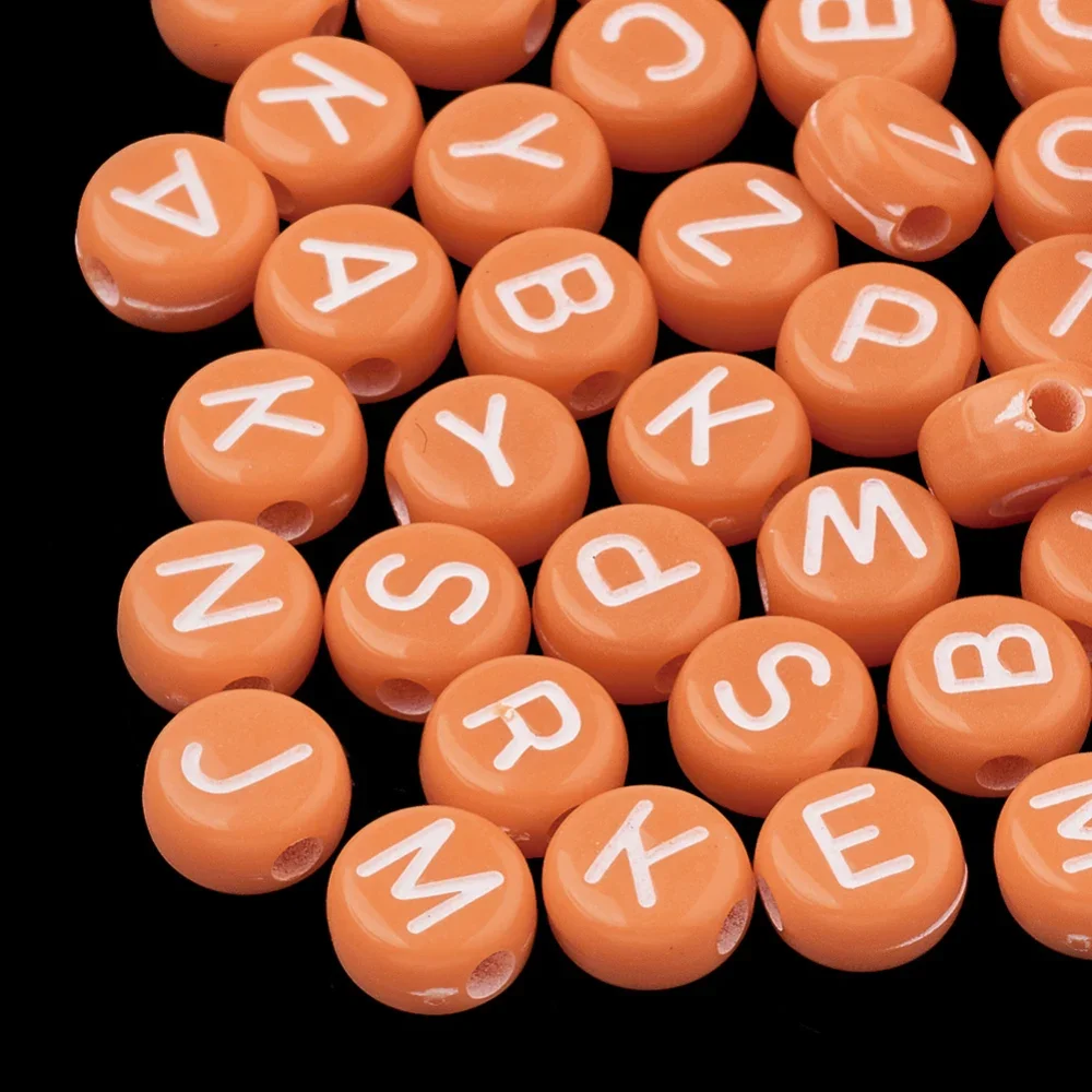 200pc Opaque Acrylic Beads Horizontal Hole Mixed Letters Flat Round with Letter Random Letters Dark Orange 7x4mm Hole: 1.5mm