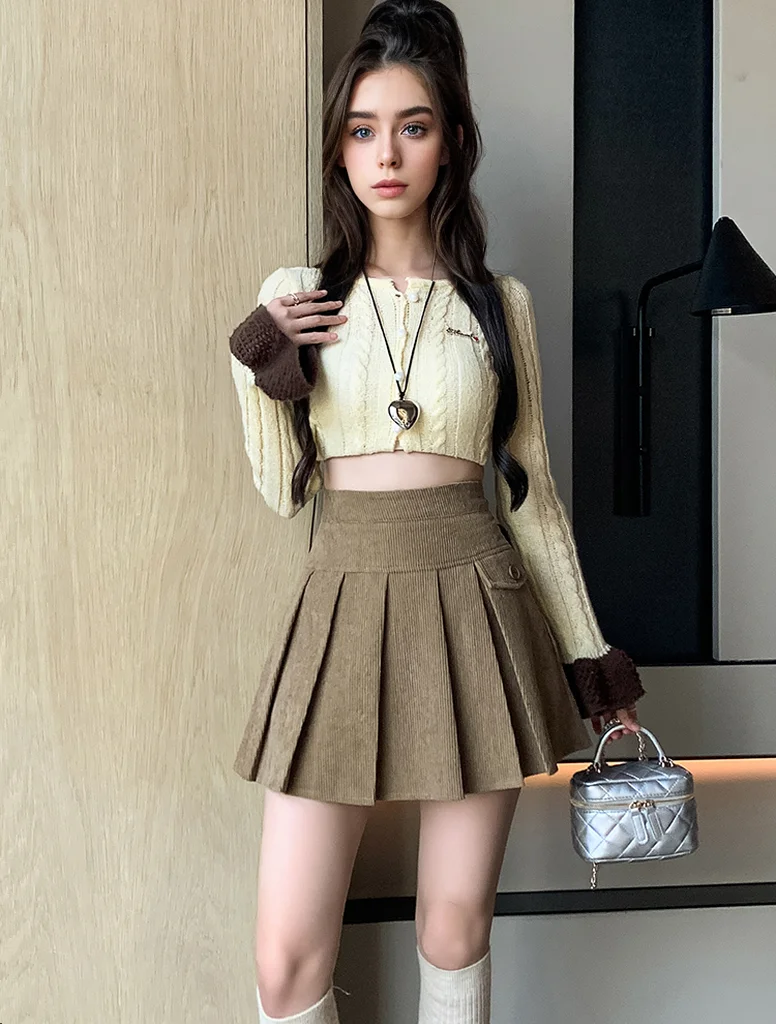High Waist Vintage Corduroy Mini Pleated Skirt For Women 2024 Autumn Winter Casual Y2k Hotsweet Short Skirt Girls Khaki
